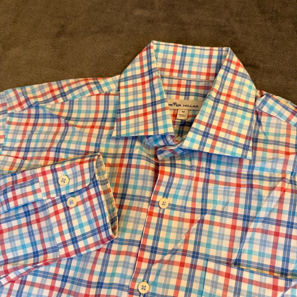Peter Millar Plaid Button Up Shirt Long Sleeve Stretch Business Mens Medium